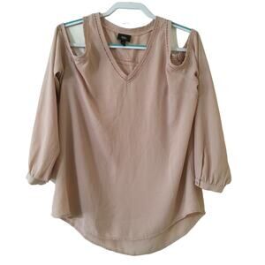 Massimo Large Cold Shoulder Long Sleeve Semi Sheer Blouse V-neck Dusty Peach?
